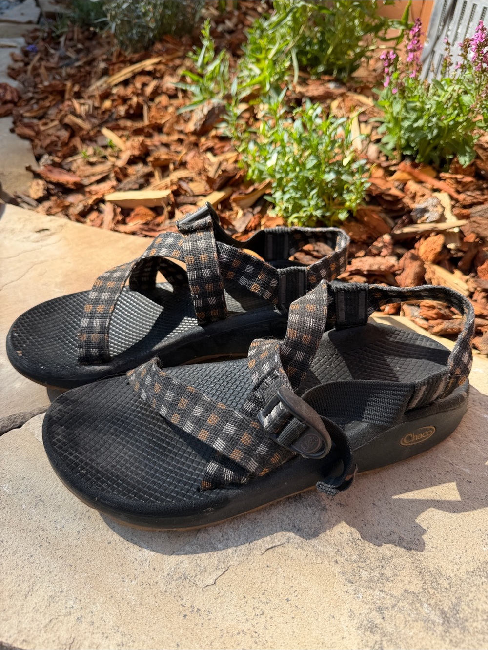 Chaco Black Sandals with Brown Check Straps